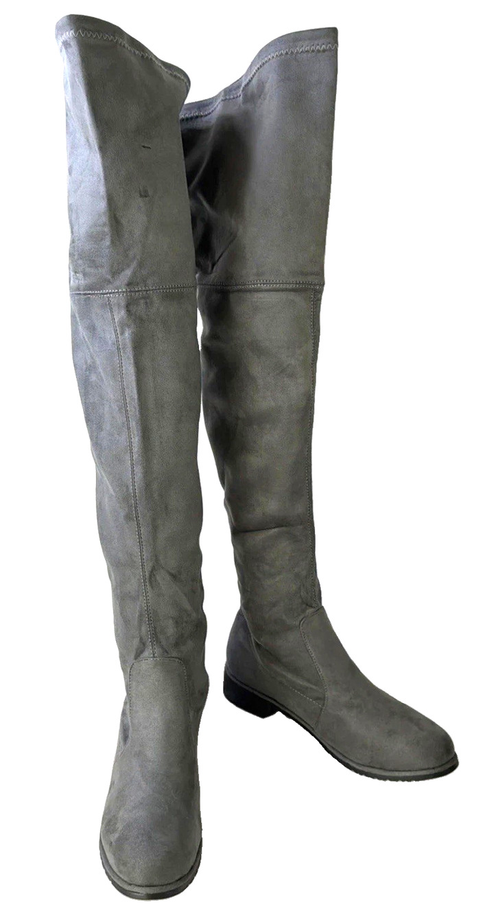 Grey Faux Suede Over The Knee Boot Thigh High Back Tie Low Block Heel Boot S 6.5
